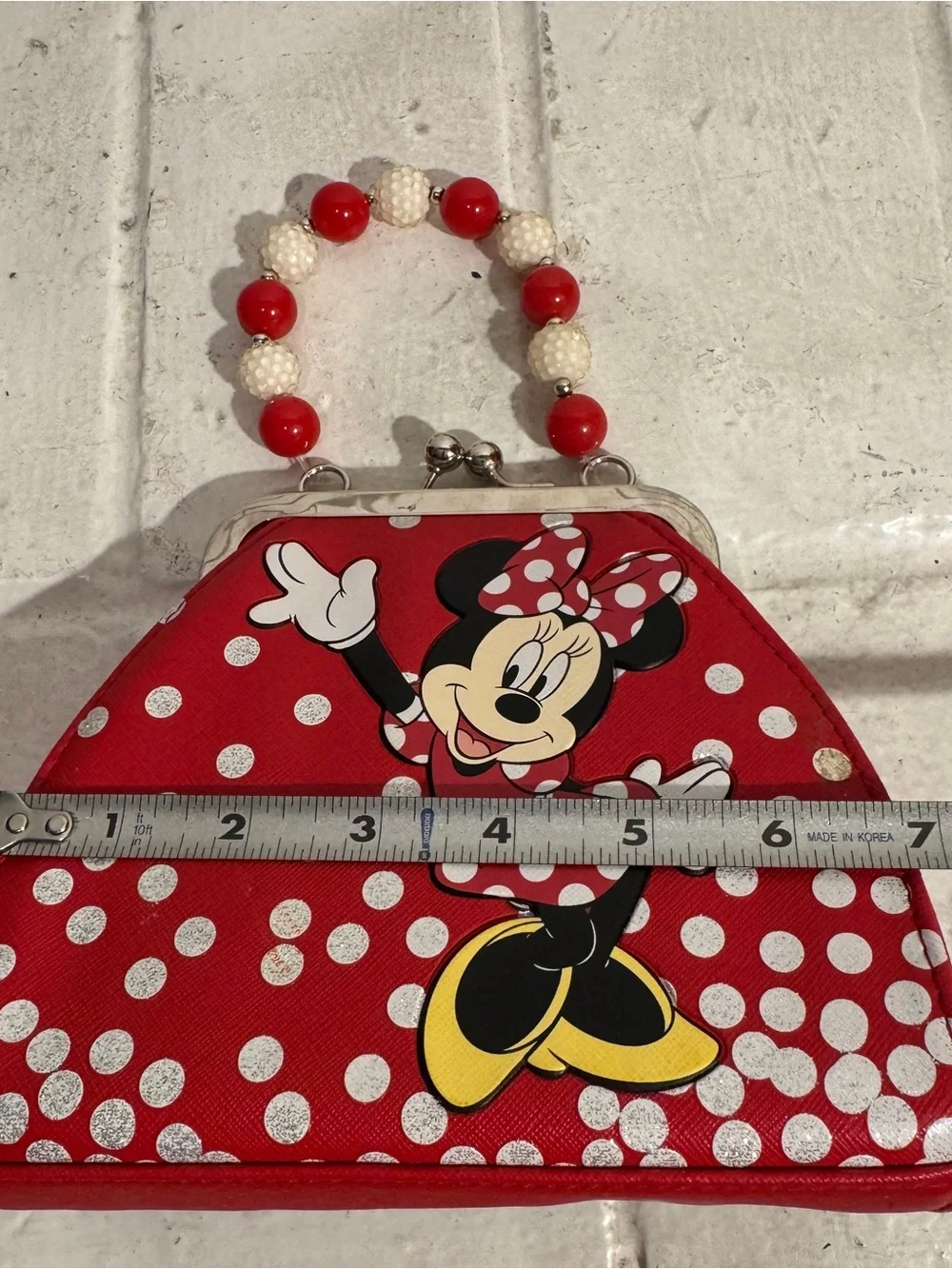 Vintage Disney Minnie Mouse Handbag Chunky Beaded Handle Red Polka Dot Bow Clasp